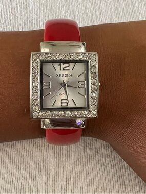 Vintage Studio Time Red Rhinestone Cuff Bangle Quartz Watch